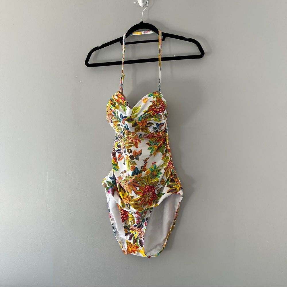 Bleu Rod Beattie One Piece Halter Swimsuit Floral Print Tropical Colorful Beach